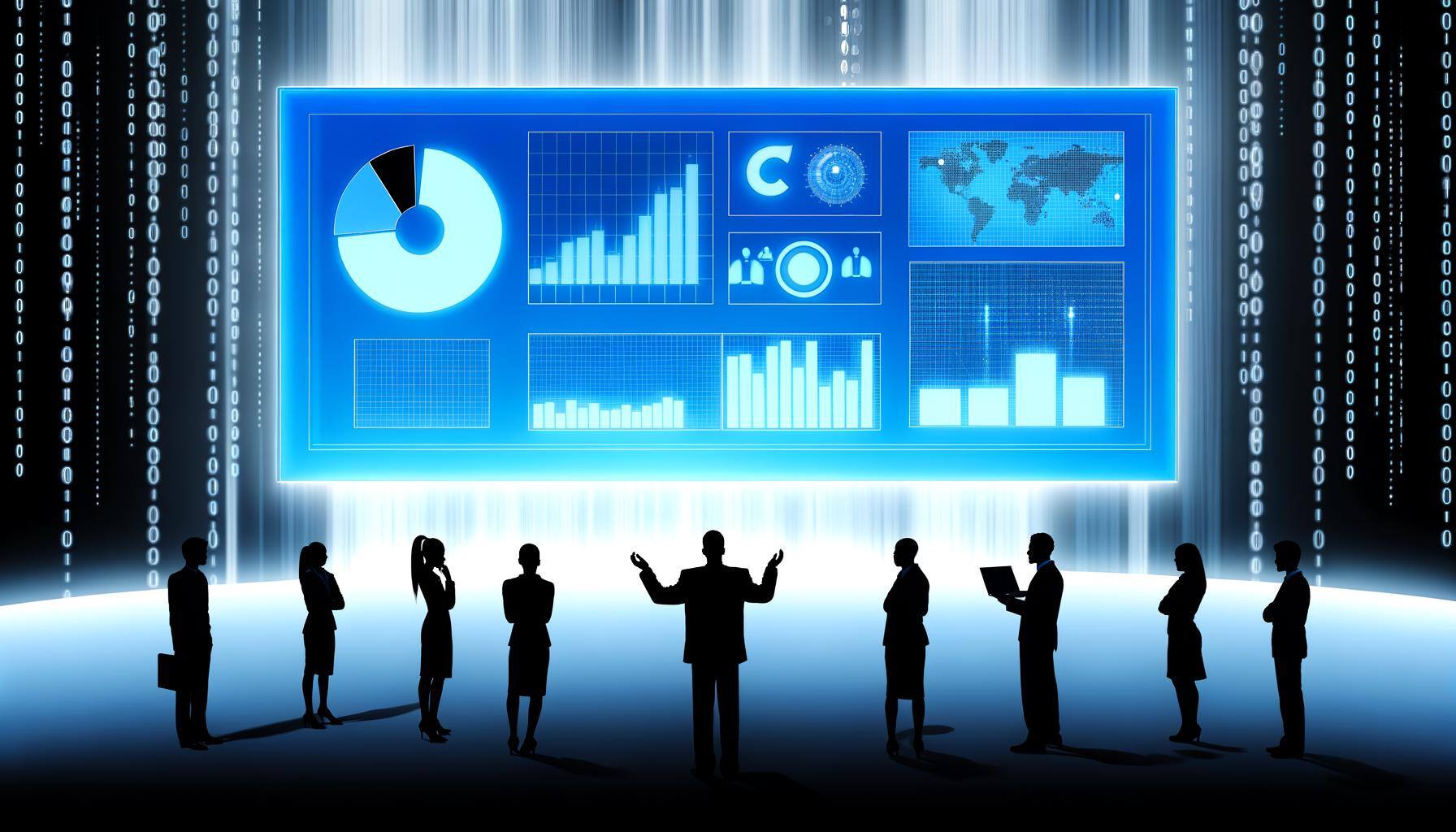 Imagine a large, radiant digital dashboard dominating the foreground. This dashboard displays a variety of clean, orderly data visuals, like pie chart